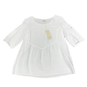 NWT Lina Tomei Women's Medium White Linen 3/4 Sleeve‎ Blouse Flowy